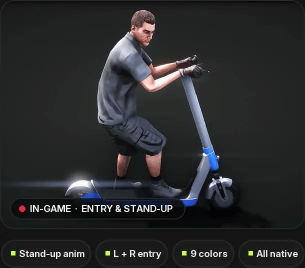 Coil S-Cooter in game: custom stand-up and entry animation. Highlights: stand-up animation, left and right entry, 9 colors, all native