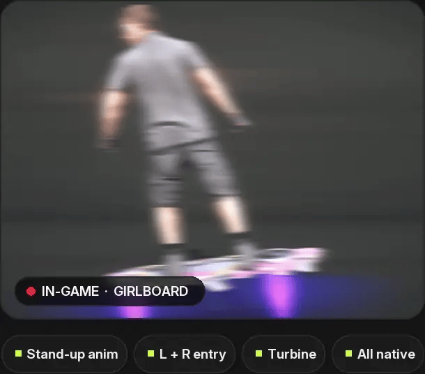 Girlboard in game. Highlights: stand-up animation, left and right entry, spinning turbine, all native