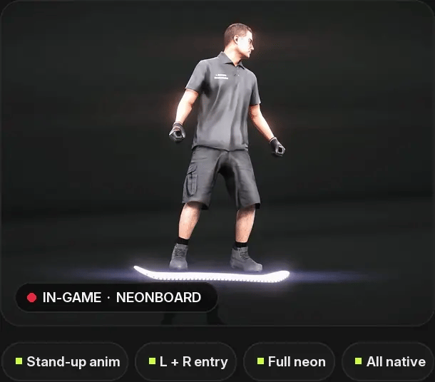 Neonboard in game. Highlights: stand-up animation, left and right entry, full neon deck, all native