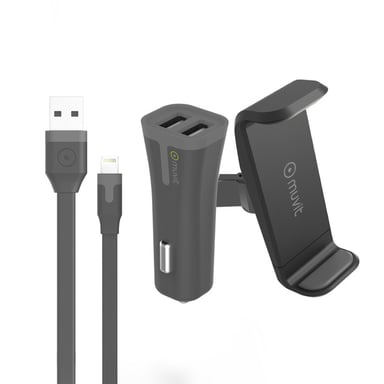 Support Voiture Grip 360° + Chargeur allume-cigare + Câble USB vers Lightning Noir