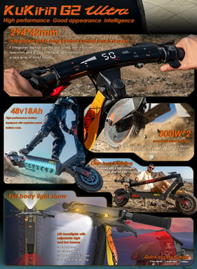 Patinete eléctrico KuKirin G2 Ultra: motor dual de 800 W, autonomía de 55 km, velocidad máxima de 50 km/h, plegable con pantalla LED para desplazamientos urbanos.