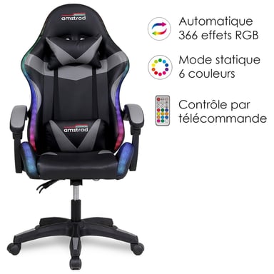 Amstrad AMS-900-LED-BK Fauteuil / Chaise de bureau Gamer noir gris - Eclairage LED 366 effets - Télécommande