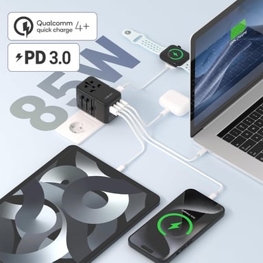 Adaptador de Viaje Universal MINIX TP85 con Puertos PD 85W, Enchufe AC Internacional, 2 Puertos USB-A y 3 Puertos USB-C, Cargador de Viaje Mundial, Compatible con EE. UU., Europa, AU, UK.