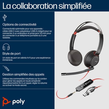 Poly Auriculares Blackwire 5220 estéreo USB-C + conector de 3,5 mm + adaptador USB-C/A (paquete)