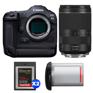 Appareil photo hybride Canon EOS R3 + RF 24-240mm f/4-6.3 IS USM + 2 SanDisk 128GB Extreme PRO CFexpress Type B + Canon LP-E19 + Ebook ''20 astuces pour des images qui claquent''