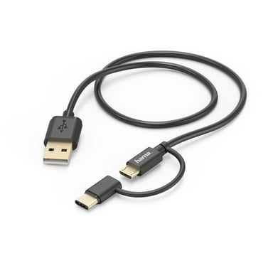 Cable micro USB 2 en 1 con adaptador USB Type-C, 1 m, negro