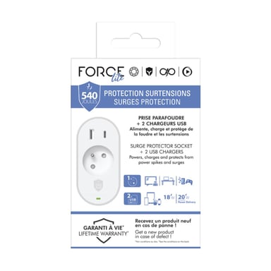 Parafoudre 1 prise Type E 540J + 2 ports USB A+C PD Grise et Blanche + Garantie à vie Force Power Lite