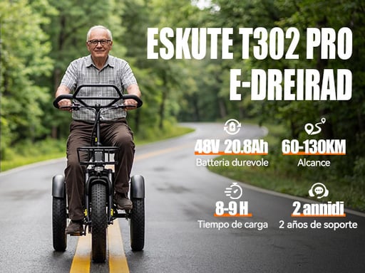 Tricycle cargo électrique ESKUTE T302 Pro, batterie 48 V 20,8 Ah, avec dossier de siège arrière et paniers avant/arrière - blanc