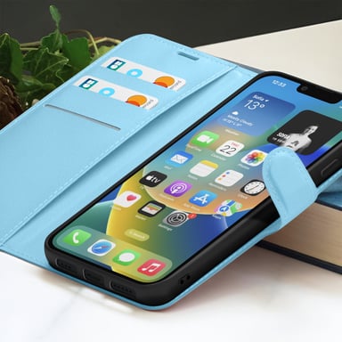 Zanaé Funda tipo cartera para iPhone 14 Plus con soporte y lengüeta magnética Azul Claro