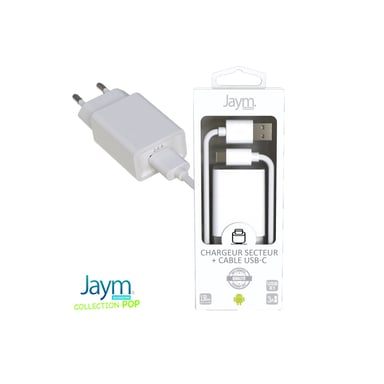 Pack cargador de red 1 USB 2,4A - 1,5 metros + cable USB a USB-C S - Colección POP - Blanco