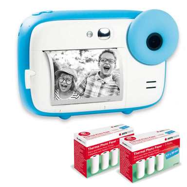 AGFA PHOTO Pack Realikids Instant Cam + 6 rollos extra Papel Térmico ATP3WH - Cámara instantánea para niños, pantalla LCD de 2,4', batería de litio, espejo selfie y filtro fotográfico - Azul