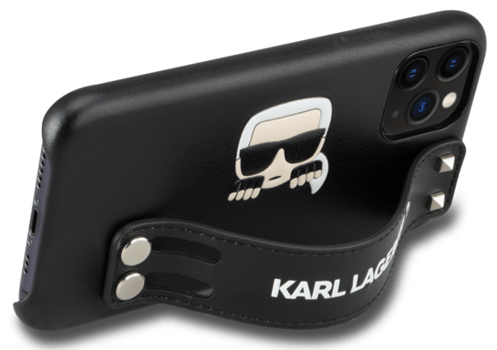 Custodia con borchie Karl Lagerfeld con cinturino integrato e supporto per Apple iPhone 11 Pro, nero