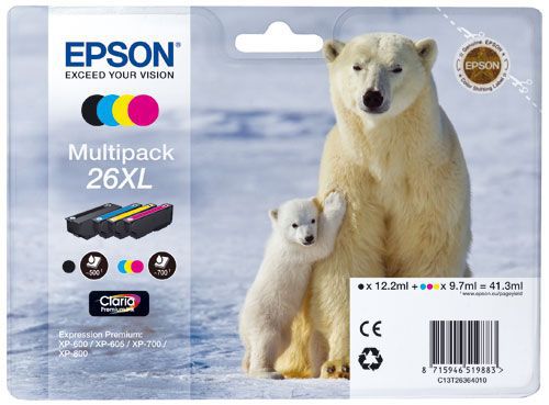 Encre d'origine EPSON Multipack Ours polaire T2636 : cartouches Noir XL, Cyan XL, Magenta XL, Jaune XL - Neuf