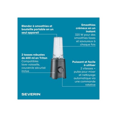 Mixeur portable Severin SM3753 Mix & Go 320 W 2 vitesses pulse 4 lames Noir avec 2 gourdes Tritan 600 ml