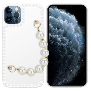 Coque pour Apple iPhone 12 PRO en Blanc avec perles Housse de protection Étui en silicone TPU flexible et avec tour de cou chaîne de poignet