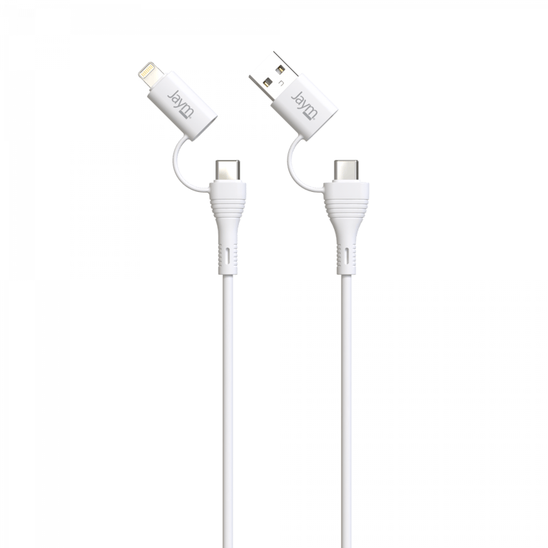 JAYM - Câble Quadriplug 4 en 1 USB-C / USB-A vers USB-C et Lightning - 1 mètre - Collection POP - Blanc