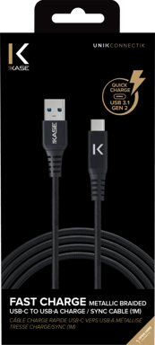 Cavo di ricarica rapida USB 3.1 Gen 2 da USB-C a USB-A con intreccio metallico per ricarica/sincronizzazione (1M), nero