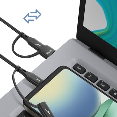 Akashi Cable 4 en 1 USB-C y USB a USB-C y Lightning Carga 20W 1m Negro