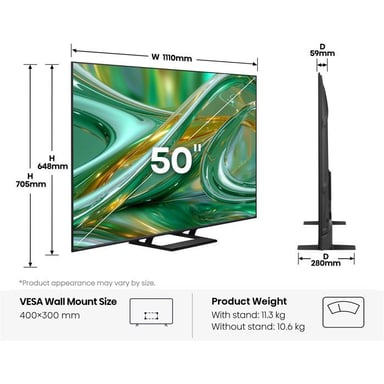 Téléviseur Hisense 50E8S 50'' 4K QLED Mini LED ULED Smart TV WiFi 144 Hz Local Dimming Dolby Vision IQ eARC Noir