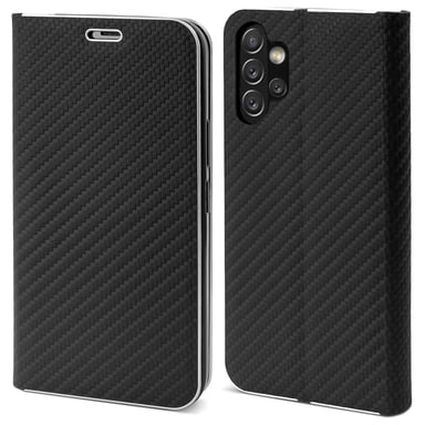 Moozy Étui Portefeuille pour Samsung A13, Carbone Noir - Étui à Rabat avec Bordure Métallique, Fermeture Magnétique, Flip Cover avec Porte-Cartes et Fonction Béquille