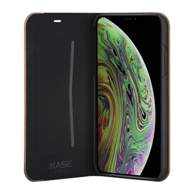 Coque clapet pour Apple iPhone XS Max, saffiano noir & bois de noyer naturel