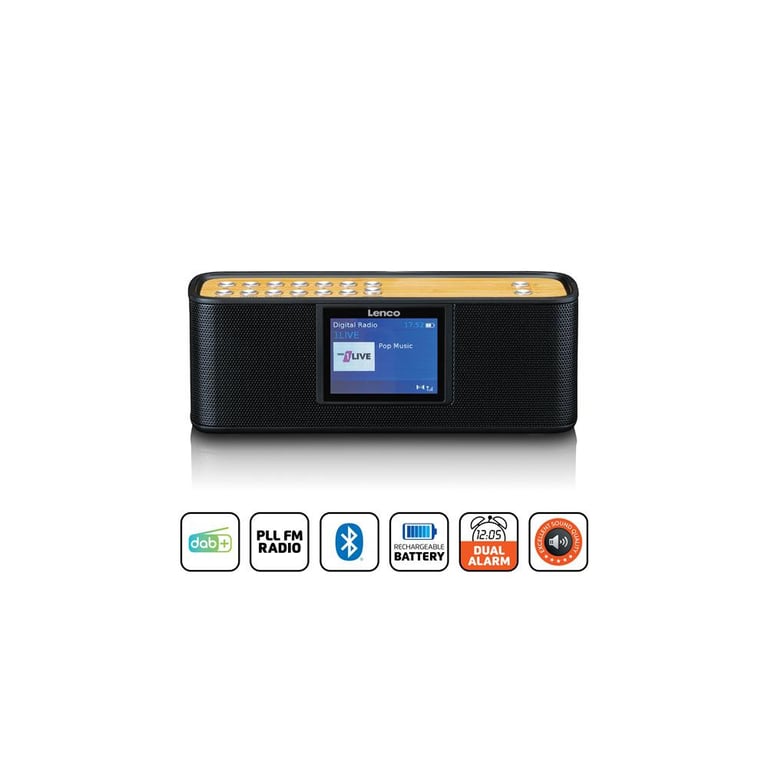 Lenco Radio portable PDR-045BK DAB+/FM Bluetooth 5.0 écran couleur 2,4 double alarme, minuterie, 30 mémoires, sortie 3,5 mm