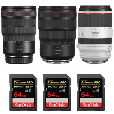 Objetivo Canon RF 15-35mm f/2,8L IS USM + Canon RF 24-70mm f/2,8L IS USM + Canon RF 70-200mm f/2,8L IS USM + 3 SanDisk 64GB + Ebook ''20 consejos para fotos que impactan''