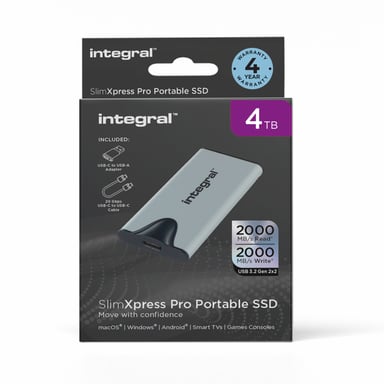 Integral SlimXpress Pro INSSD4TPORT3.2SLIMXS unidad externa de estado sólido Tecnología Thunderbolt (Rayo) 4 TB USB Tipo C USB 3.2 Gen 2x2 Plata