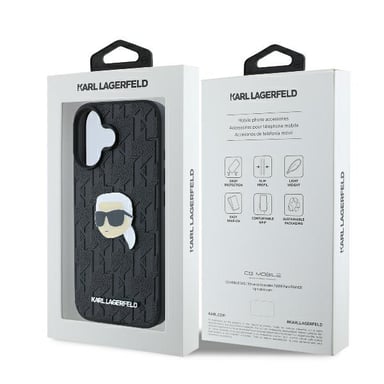 Funda Karl Lagerfeld para iPhone 16 6.1'' carcasa rígida negra Monograma Karl Head Pin