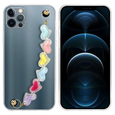 Coque pour Apple iPhone 12 PRO MAX en Transparent avec des cœurs colorés Housse de protection Étui en silicone TPU flexible et avec tour de cou chaîne de poignet