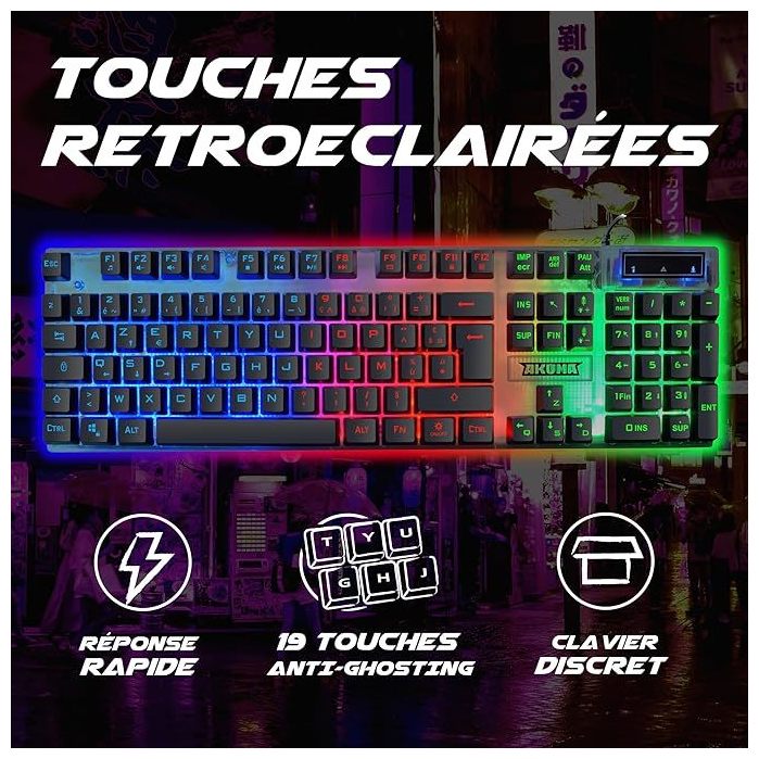 AKUMA - Clavier de Gaming SHÔNEN K01 - Membrane - Touches Rétroéclairées - Anti-Ghosting - Verrouillage Windows - Câble Tressé - Inversion Flèches/ZQSD - Neuf