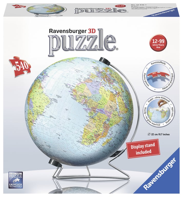 Puzzle 3D Globe 540 pièces Ravensburger Éducatif pour enfants Sans colle Dès - vue 3