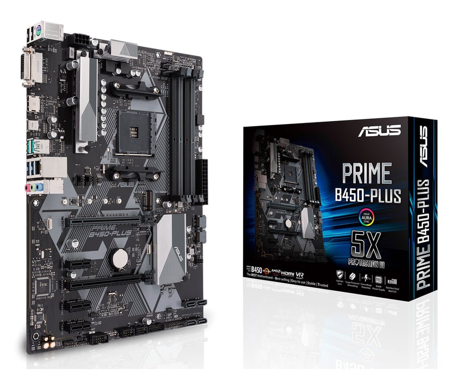 Asus Prime B450-Plus – Carte Mère Amd Am4 Au Format Atx Avec Connecteur Rgb Aura Sync, Ddr4 3 200 Mhz, M.2, Hdmi 2.0B, Sata 6 Gb/S Et Usb 3.1 Gen 2