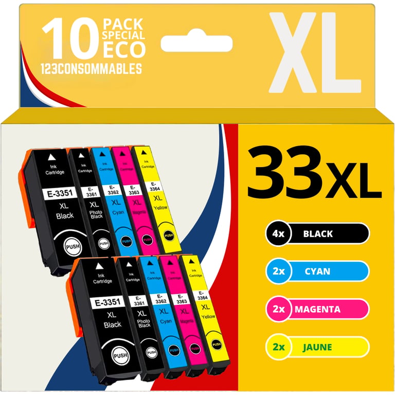 123CONSOMMABLES 33XL Pack 10 Cartouches d'encre Compatible pour Epson 33 pour Expression Premium XP 540 XP 530 XP 830 XP 7100 XP 900 XP 640 XP 630 XP 635 XP 645 10 pack Neuf