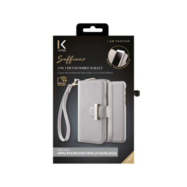 Custodia sottile rimovibile a portafoglio 2 in 1 con motivo Saffiano per Apple iPhone 6/6S/7/8/SE 2020/SE 2022, Grigio chiaro