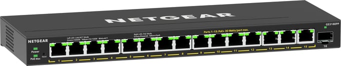 Switch NETGEAR 16 porte PoE+ Gigabit Ethernet Plus ad alta potenza (231W) con 1 porta SFP (GS316EPP) Connessione Gigabit Ethernet (10/100/1000) gestita, con supporto dell'alimentazione via Ethernet (PoE) Nero