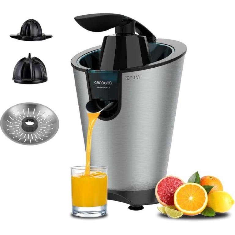 Cecotec Presse Agrume Electrique EssentialVita PowerFresh 1000 Inox. Presse Agrumes Électrique De Avec Bras Levier Deux Cônes Démontables Et Un Filtre En Acier Inoxydable.