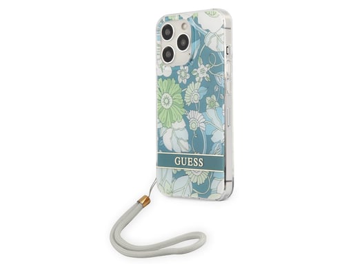Guess Funda para Apple iPhone 13 Pro Flores con correa de nylon Azul