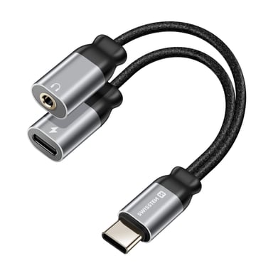 Swissten Adaptador carga/audio USB-C 3.5mm 2en1 nylon Negro