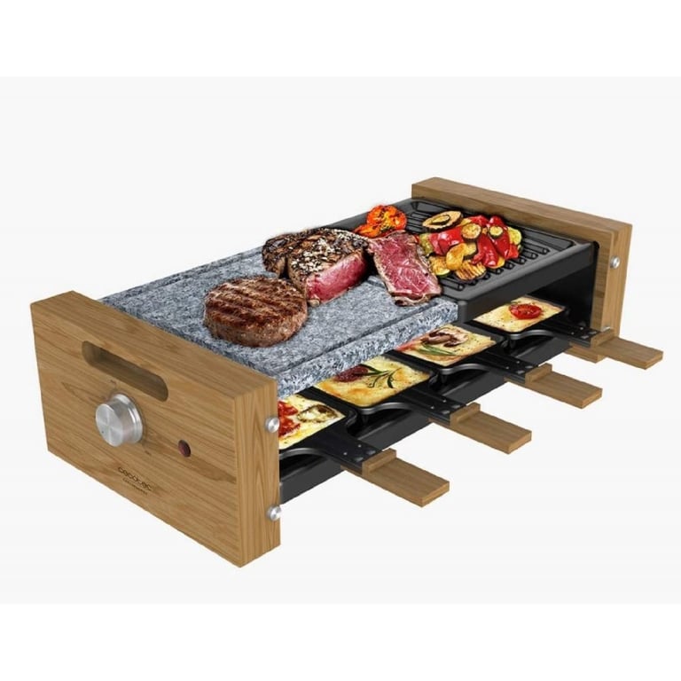 Cecotec Raclette Cheese&Grill 8400 Wood MixGrill. Surface mixte gril et plancha Thermostat réglable 8 poêlons individuels Design amovible