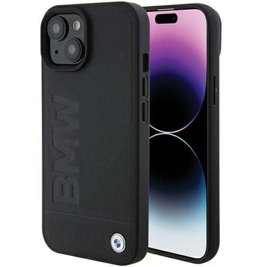 Custodia BMW per iPhone 15 6,1'' in pelle nera Timbro a caldo