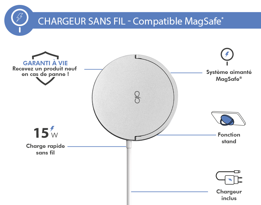 Chargeur induction Fonction Stand Compatible MagSafe 15W Garanti à vie Argent avec chargeur Force Power
