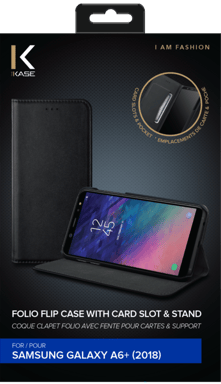 Coque clapet folio avec fente pour cartes & support pour Samsung Galaxy A6+ (2018), Noir
