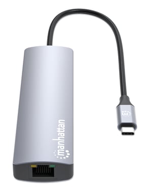 Manhattan Dock/hub USB-C con lector de tarjetas, puertos (5): Ethernet, HDMI, 2x USB-A y USB-C, con Power Delivery (PD) 100 W- requiere cargador USB-C externo (no incluido). Alimentado por USB (no requiere alimentación externa) cuando no se utiliza PD