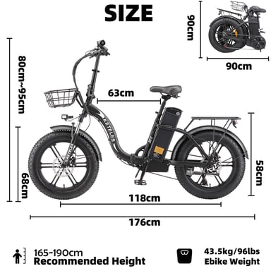 La bicicletta elettrica pieghevole KETELES KF9 è dotata di un motore da 1000 W, una batteria da 48 V 35 Ah, una velocità massima di 40 km/h, un'autonomia di 100 km, pneumatici da 20*4,0 pollici ed è disponibile in nero.
