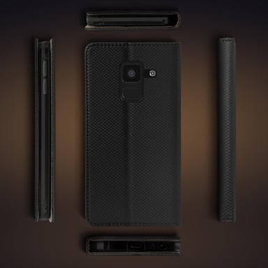 Moozy Case Flip Cover pour Samsung A8 2018, Noir - Étui à Rabat Magnétique Intelligent avec Porte-Cartes et Support