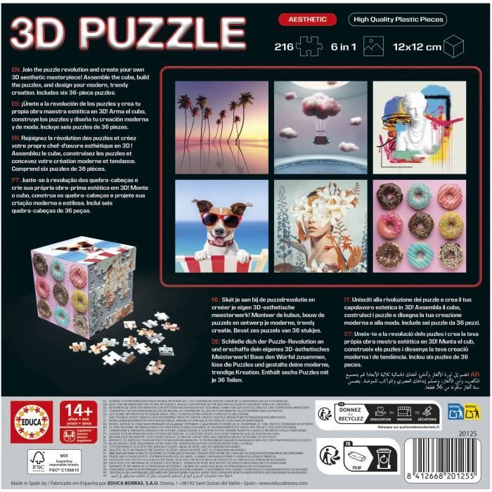 Educa 3D Puzzle Cube Art | Puzzle en Forme de Cube avec 216 Pièces | 6 Puzzles de 36 Pièces | Défi Ludique pour Enfants dès 20123 - vue 5