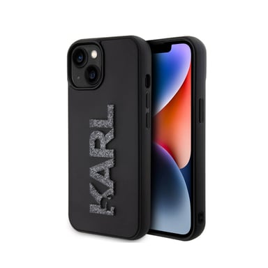 Custodia per iPhone 15 Plus in gomma 3D con logo Karl glitterato