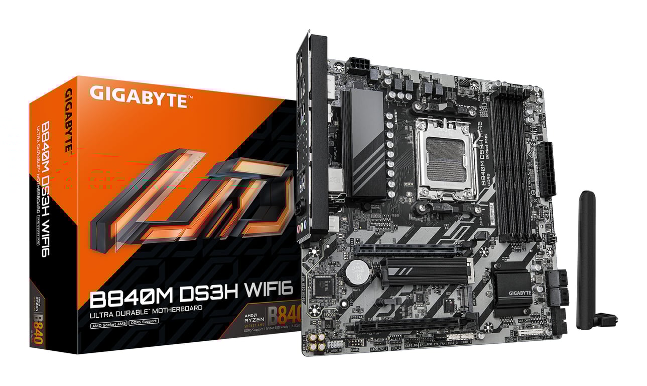 GIGABYTE B840M DS3H WIFI6 Carte Mère – Processeurs AMD Ryzen 9000 VRM numérique 8+2+2 phases jusqu'à 8200 MHz DDR5 2 x .2 PC - vue 1