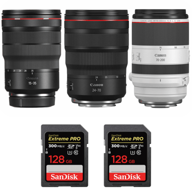 Objetivo Canon RF 15-35mm f/2,8L IS USM + Canon RF 24-70mm f/2,8L IS USM + Canon RF 70-200mm f/2,8L IS USM + 2 SanDisk 128GB + Ebook ''20 consejos para fotos que impactan''